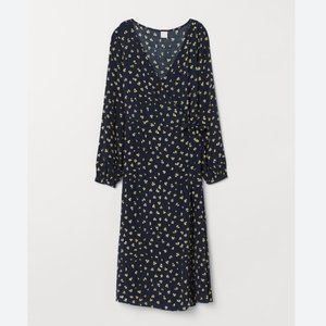 H&M - Navy Blue Floral Patterned Wrap-front Maxi Dress - Size 4